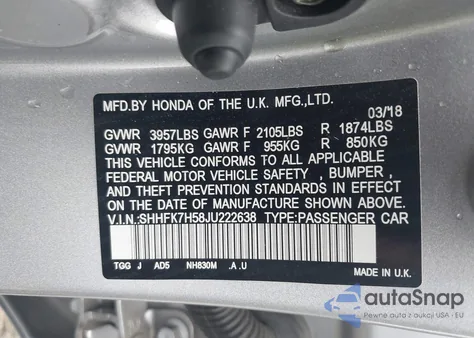 2018 Honda Civic Ex из США, поврежденный, VIN SHHFK7H58JU222638